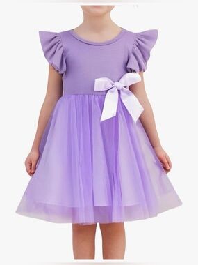 Purple Tulle Tutu Dress , Girla Size  7(150),Toddler Ruffle Sleeves Bow Princess